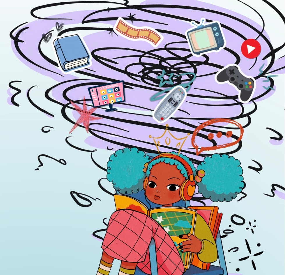 Wordless illustration for Reread, Recap, or Wing It with a reader surrounded by books, streaming icons, and hype symbols